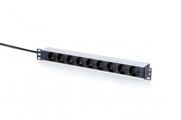 Socket strip with aluminum profile, 9-way socket outlet with earthing contact, 2 m supply cable with earthing contact plug 