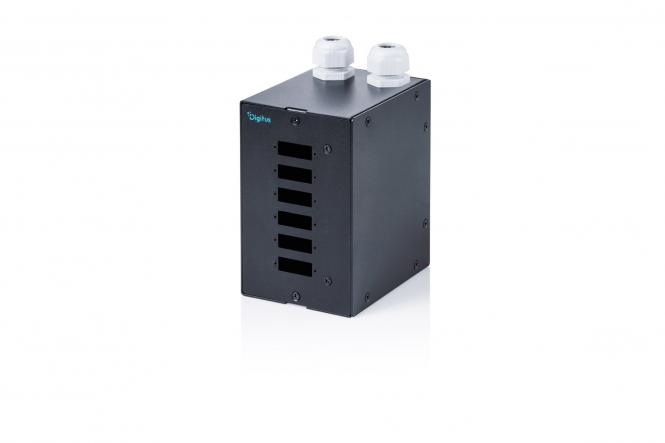 Rozdzielacz światłowodowy na szynę DIN, 6-portowy, SC DX/LC Quad, czarny 