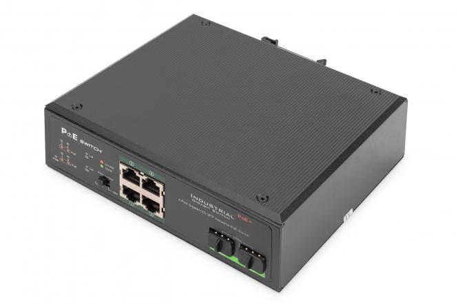 4 port Gigabit Ethernet network PoE switch, industrial, unmanaged, 2 SFP uplink 