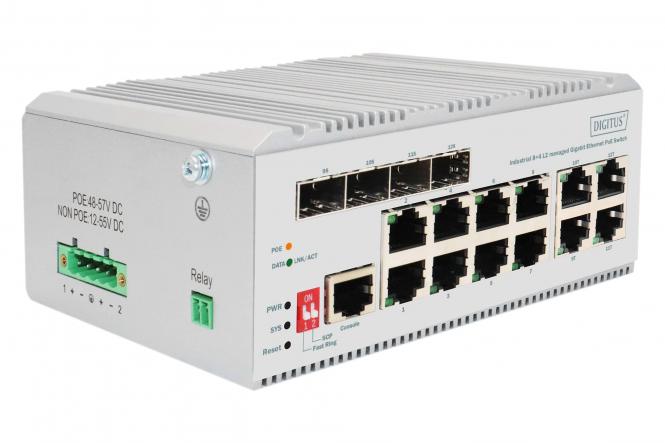 8 port Gigabit Ethernet network PoE switch, industrial, L2 managed, 4 SFP uplink 