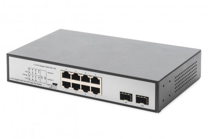 8-Port Gigabit PoE Netzwerkswitch, Desktop, unmanaged, 2 Uplink Ports, SFP, 180 W, af/at/bt 