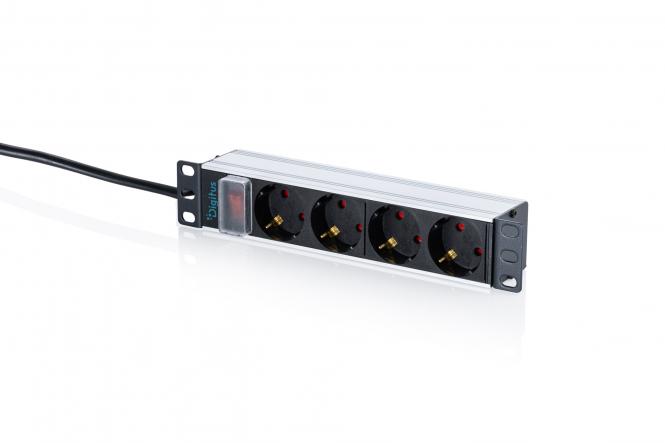 10" socket strip with aluminum profile, 4-way socket outlet with earthing contact, with switch 