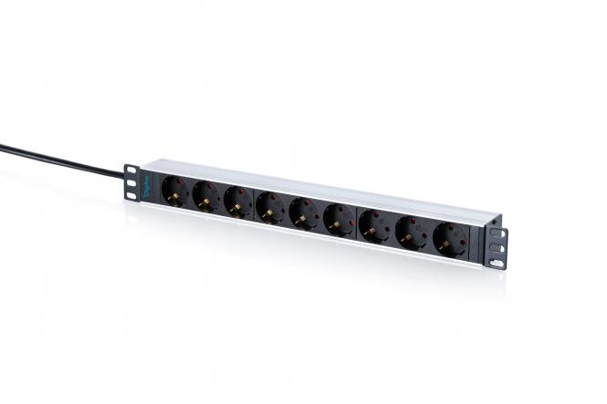 Socket strip with aluminum profile, 9-way socket outlet with earthing contact, 2 m supply cable with earthing contact plug 