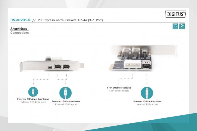 DIGITUS by ASSMANN Shop | PCI Express Card, Firewire 1394a (3+1 ports)